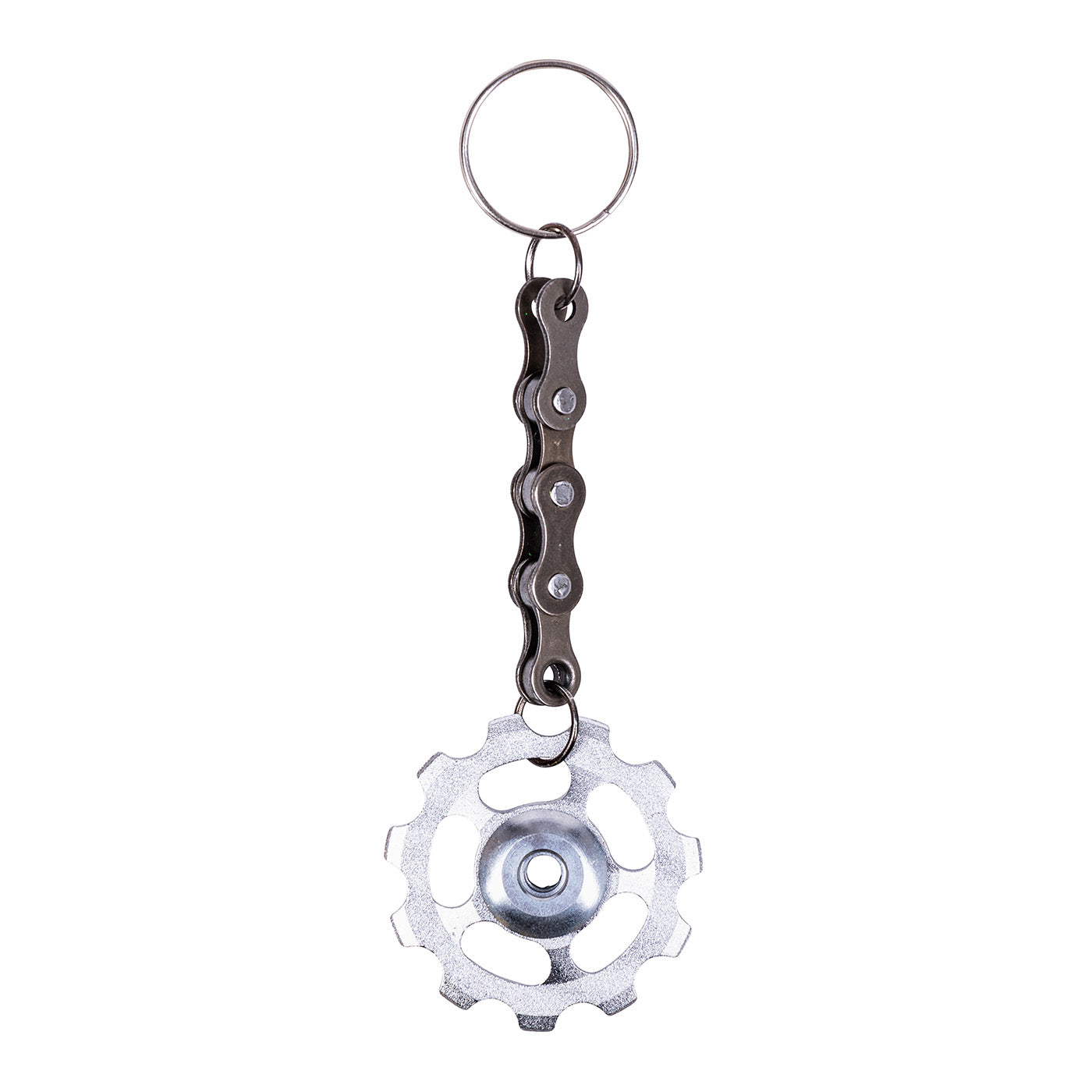 Silver bicycle cog keyring made from recycled bike chain, sustainable handmade accessory and eco gift for cyclists.
