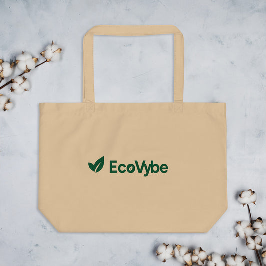 EcoVybe beige organic tote bag flatlay – eco-friendly cotton.