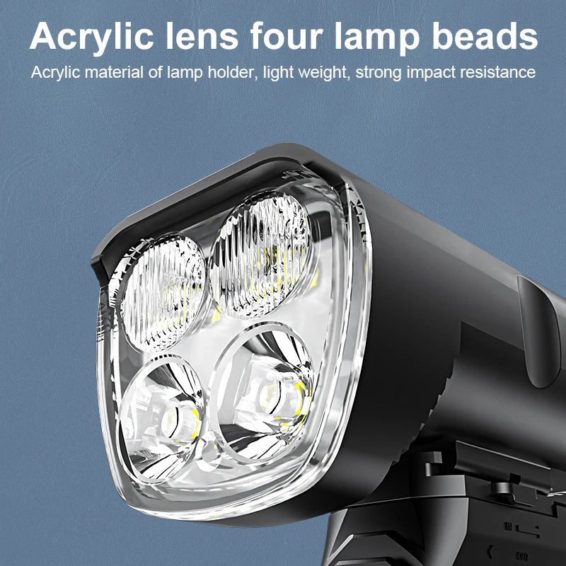 Close-up of acrylic lens 2400LM USB bike light with 4 LED lamps.