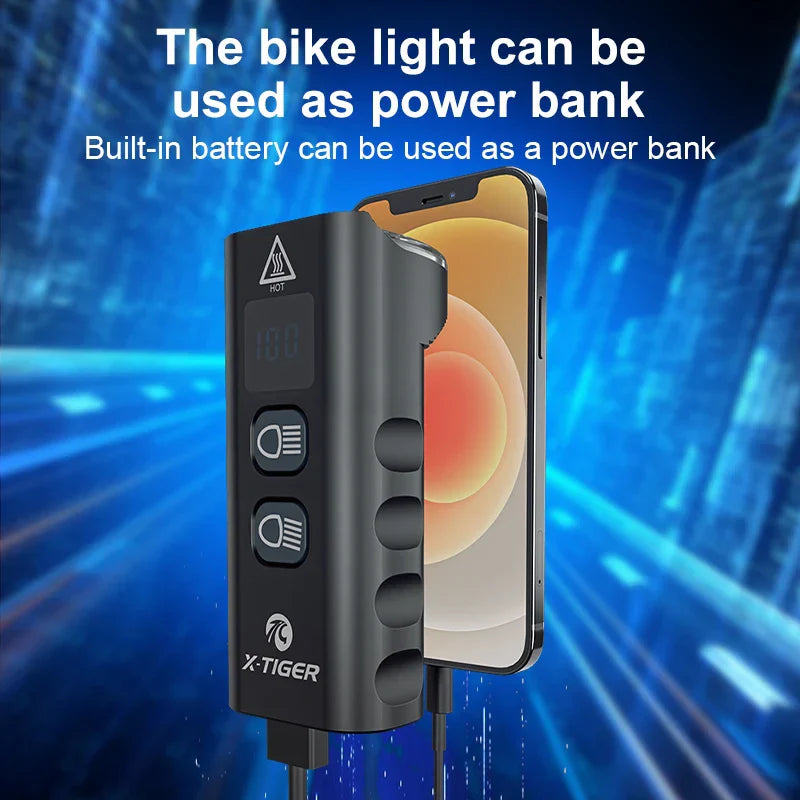 Rechargeable bike light with built-in 6400mAh battery and power bank function.