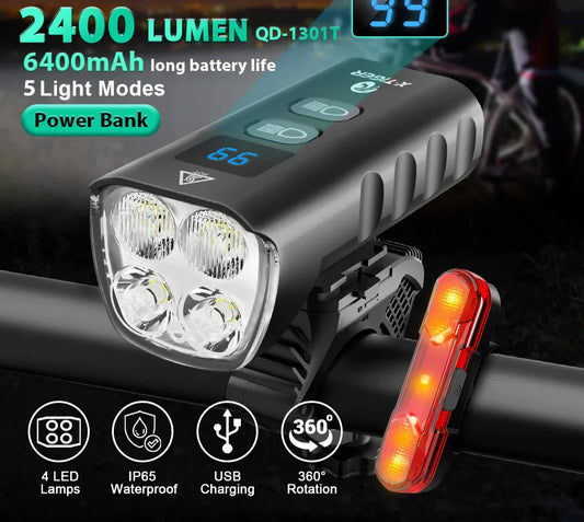 2400 lumens bike headlight with 6400mAh battery, 5 light modes and waterproof design.