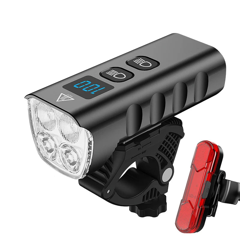 USB rechargeable bike front light 2400 lumens with power bank function.