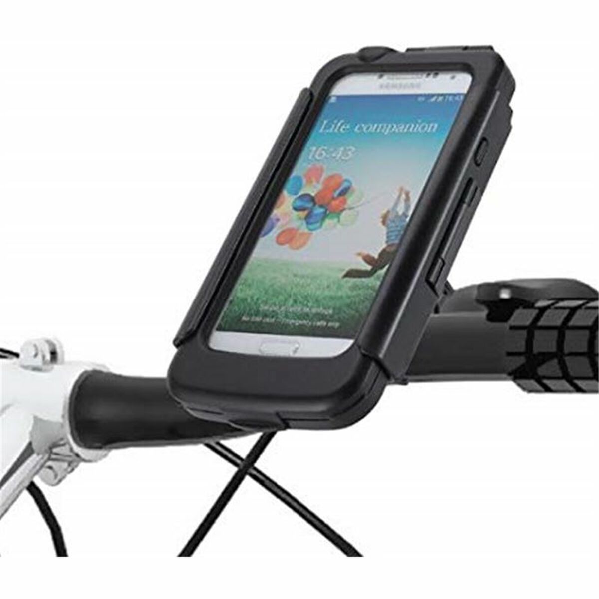 Muvit 5 inch waterproof bike phone holder in black with 360 degree rotation mounted on handlebars.