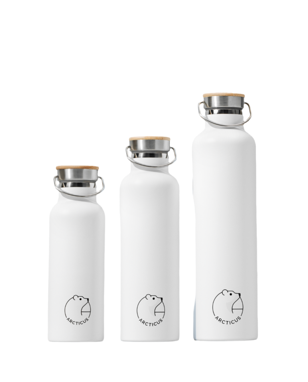Eco Arctic Bottle available in three sizes: 500ml, 750ml, and 1000ml, eco-friendly stainless steel.