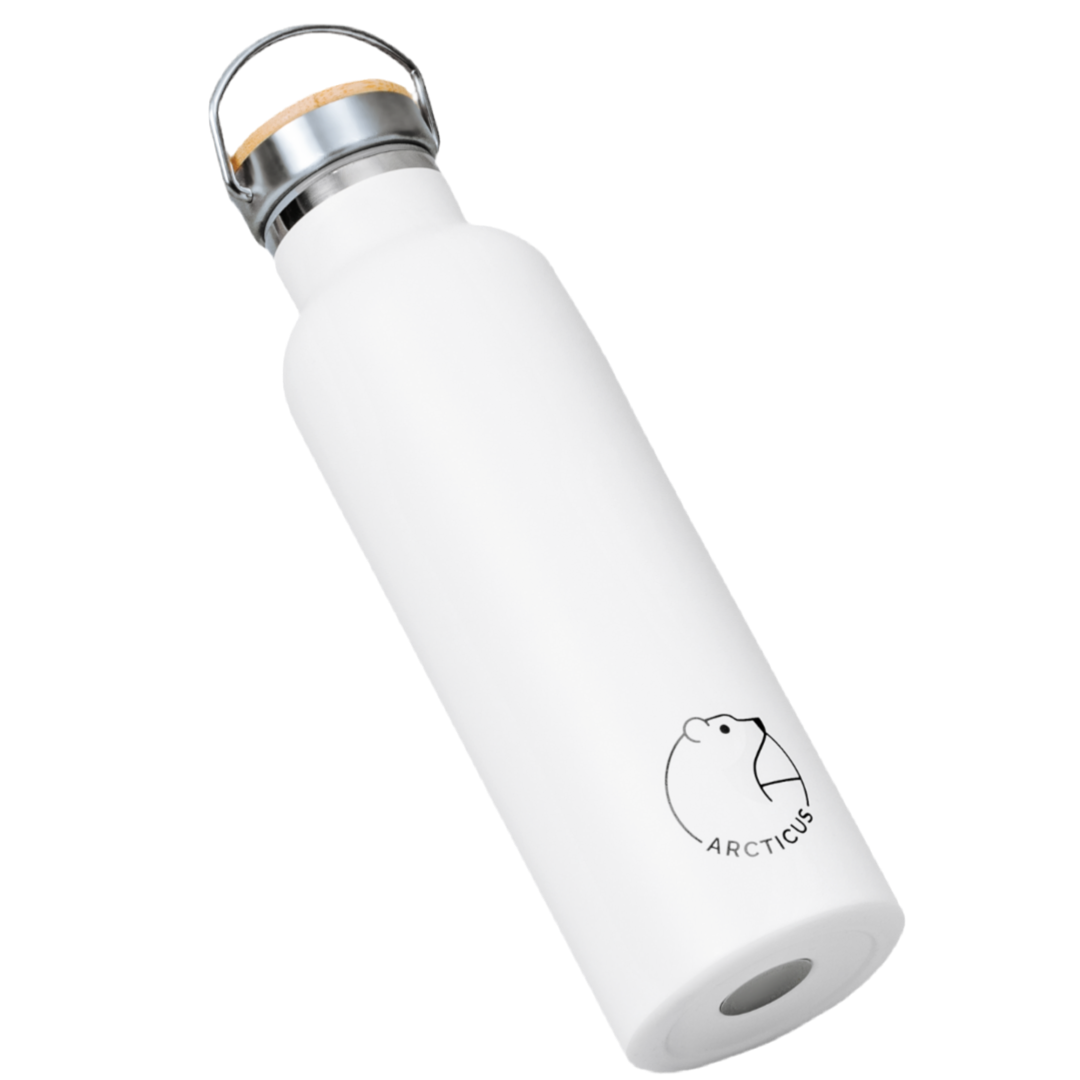 Close-up of the bamboo lid of the Eco Arctic Bottle, reusable stainless steel water bottle.
