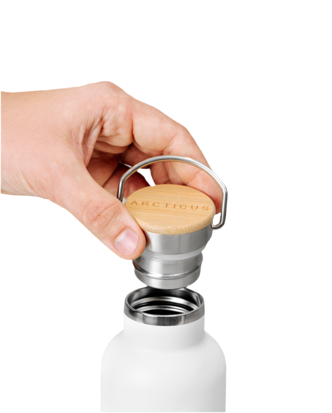 Hand opening the bamboo lid of the Eco Arctic Bottle, reusable stainless steel water bottle.