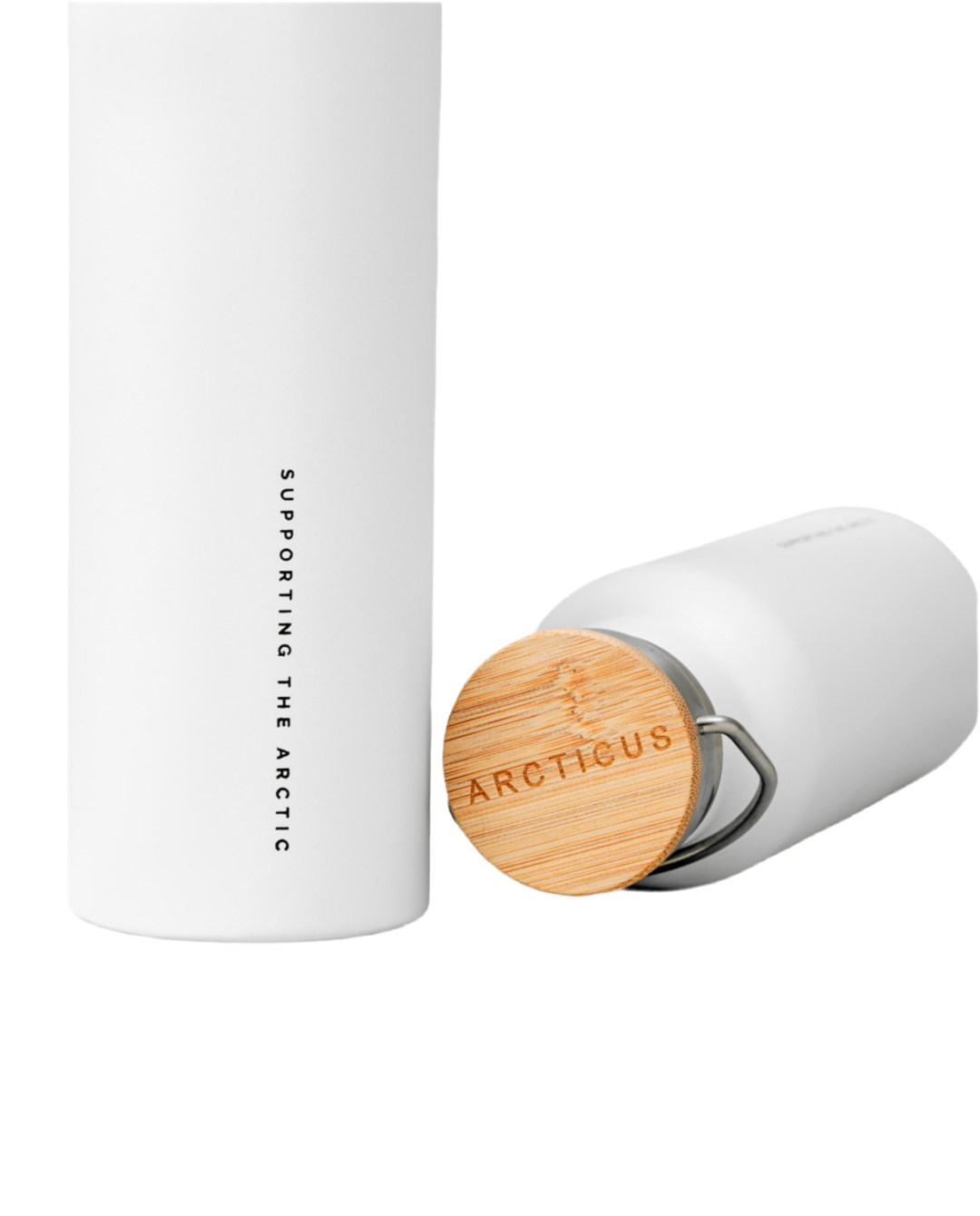 Eco Arctic Bottle in white stainless steel with ‘Supporting the Arctic’ text and sustainable bamboo lid.