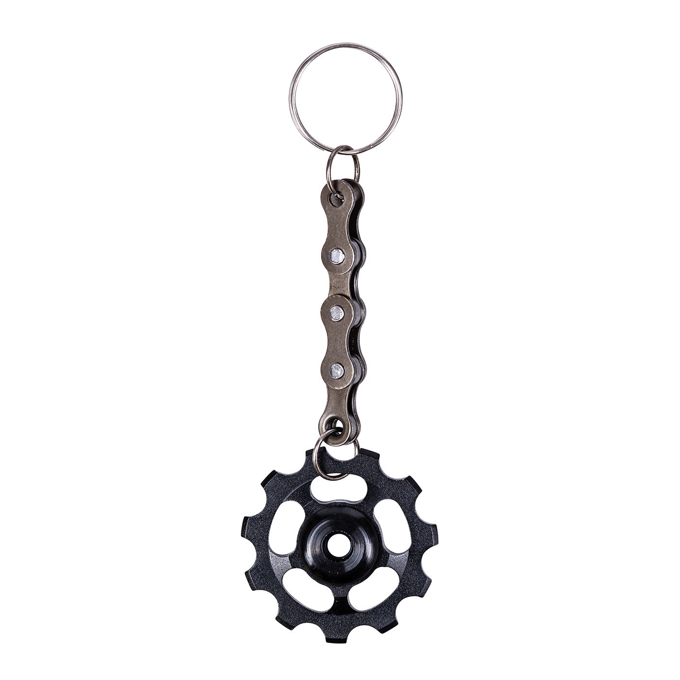 Black eco-friendly bicycle cog keyring handmade from recycled bike chain, sustainable accessory for cycling lovers.