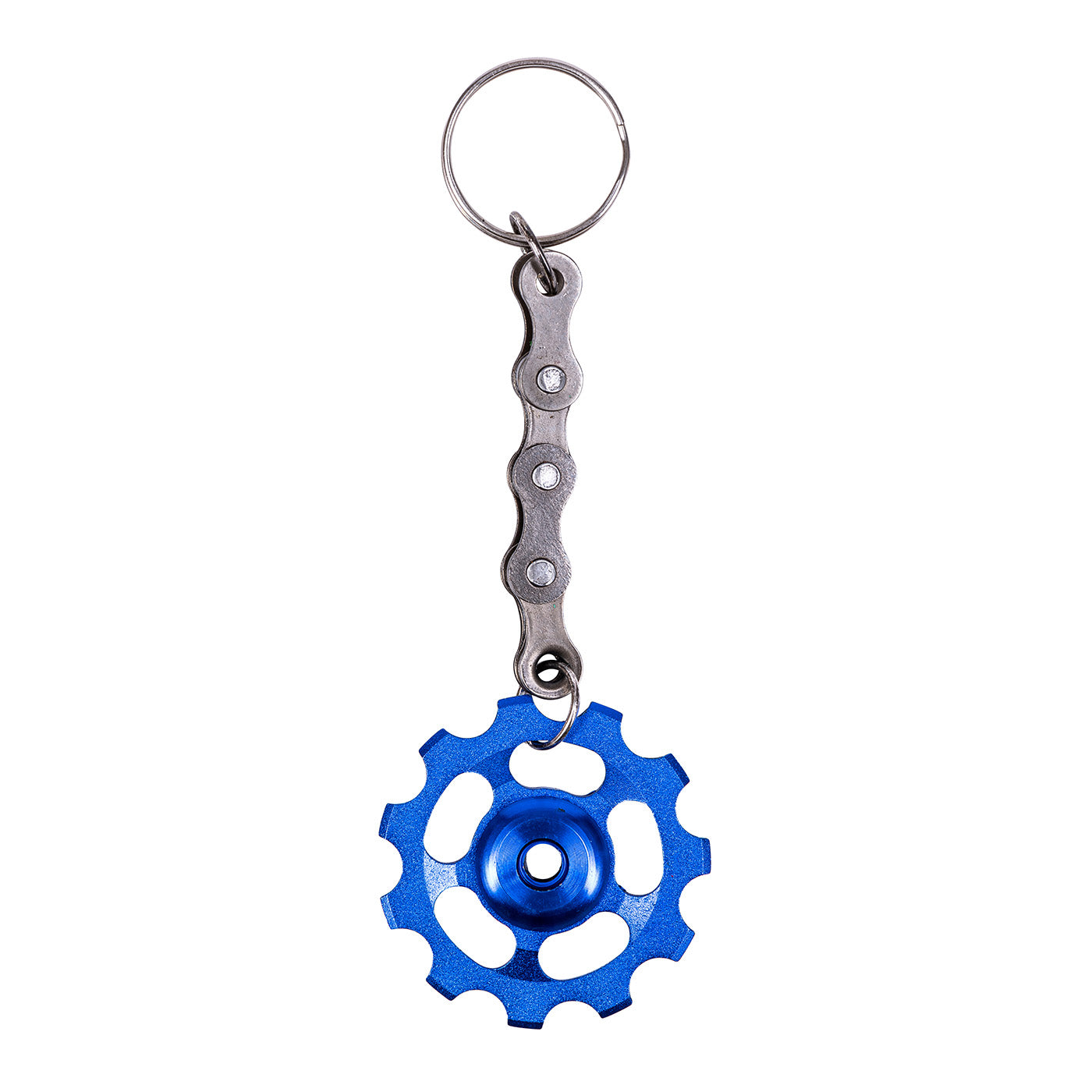 Upcycled bicycle cog keyring in blue made from recycled bike chain, eco-friendly and vegan gift for cyclists.