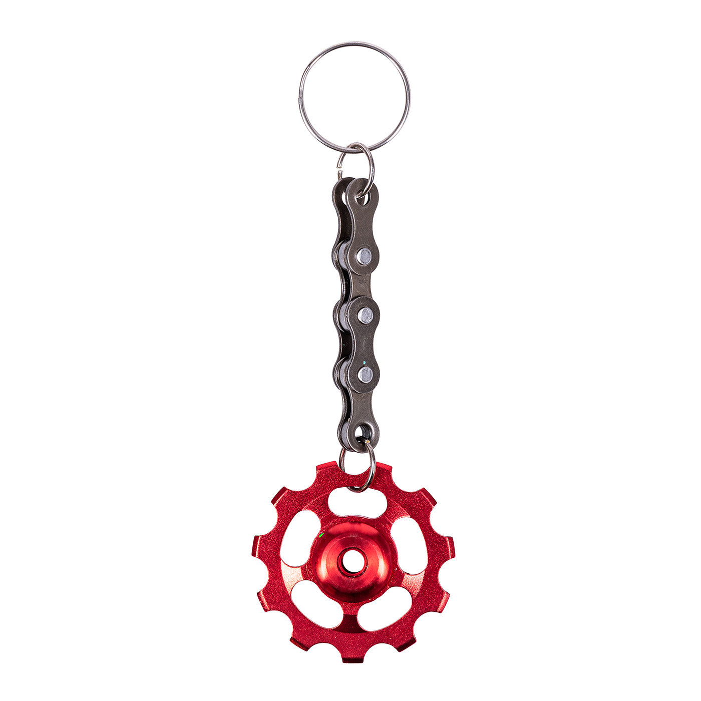 Red bicycle cog keyring crafted from recycled bike chain, unique eco-friendly keychain for cyclists and vegan gifts.