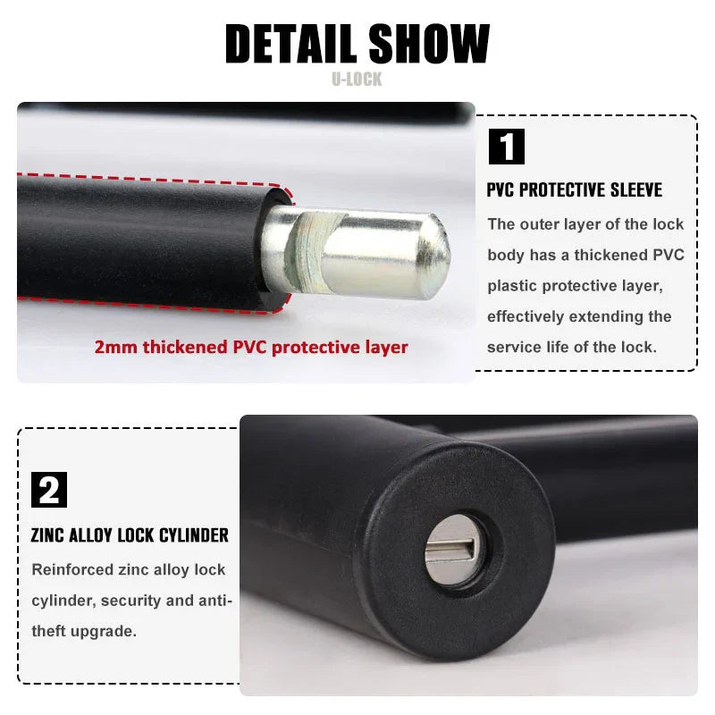 Eco Heavy-Duty U-Lock close-up detail with PVC protective sleeve and zinc alloy lock cylinder for bike and motorcycle security.