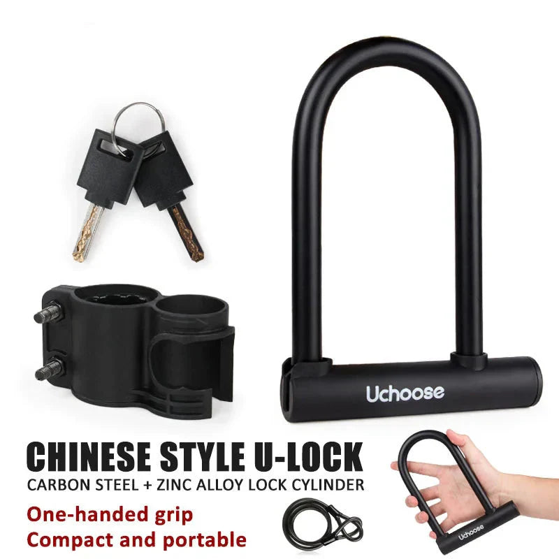 Eco Heavy-Duty U-Lock in black steel with keys and mount, compact and portable anti-theft lock for bicycles and motorcycles.