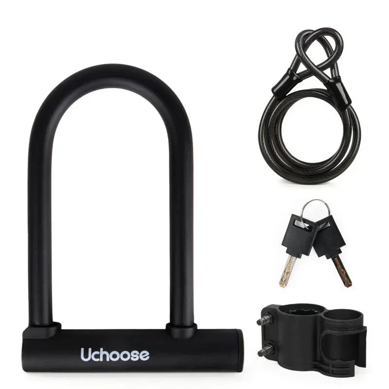 Eco Heavy-Duty U-Lock anti-theft set with steel lock, cable, keys and mount, black security lock for bicycles and motorcycles.