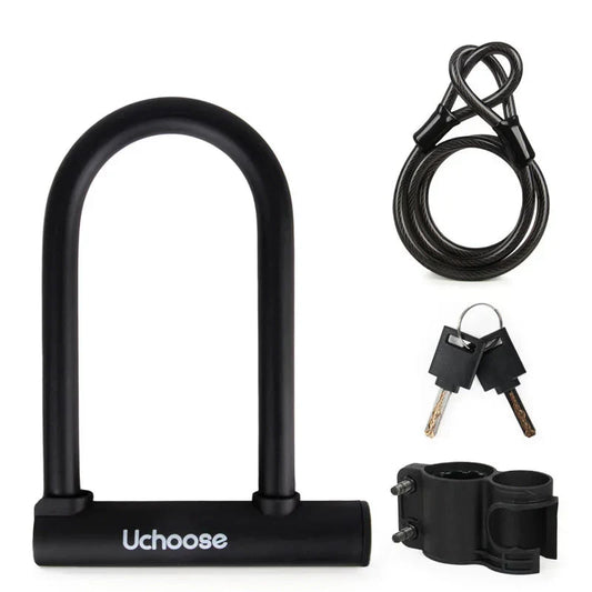 Eco Heavy-Duty U-Lock anti-theft set with steel lock, cable, keys and mount, black security lock for bicycles and motorcycles.