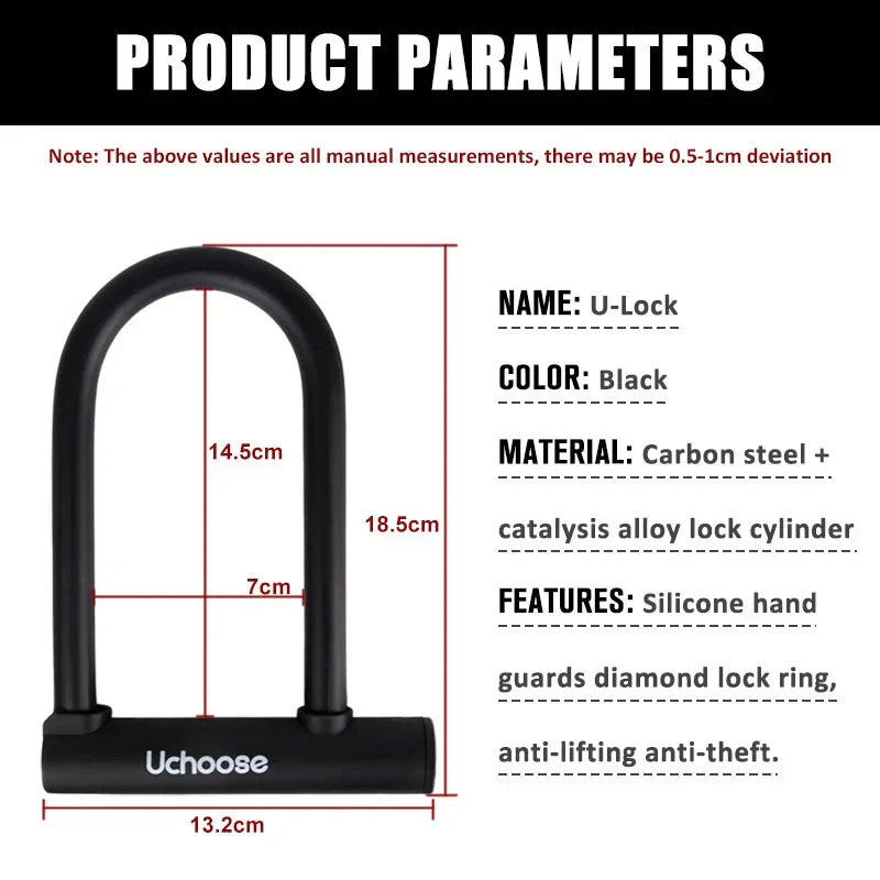 Eco Heavy-Duty U-Lock black reinforced steel anti-theft lock with size chart and product specifications.