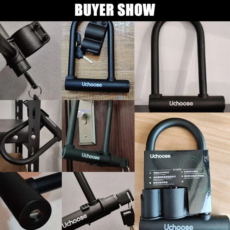 Eco Heavy-Duty U-Lock reinforced steel bike and motorcycle lock, customer showcase images with anti-theft security use.
