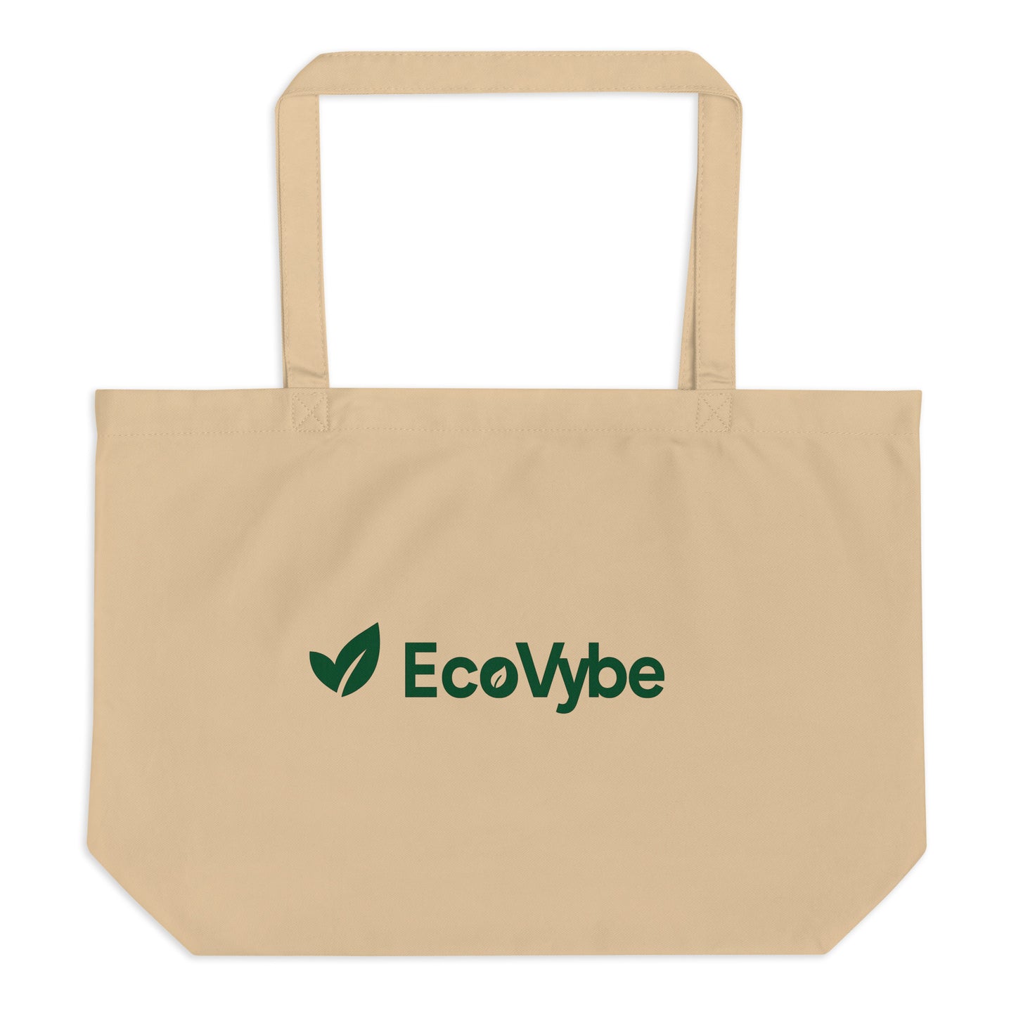 EcoVybe beige organic cotton tote bag front view – sustainable shopper.