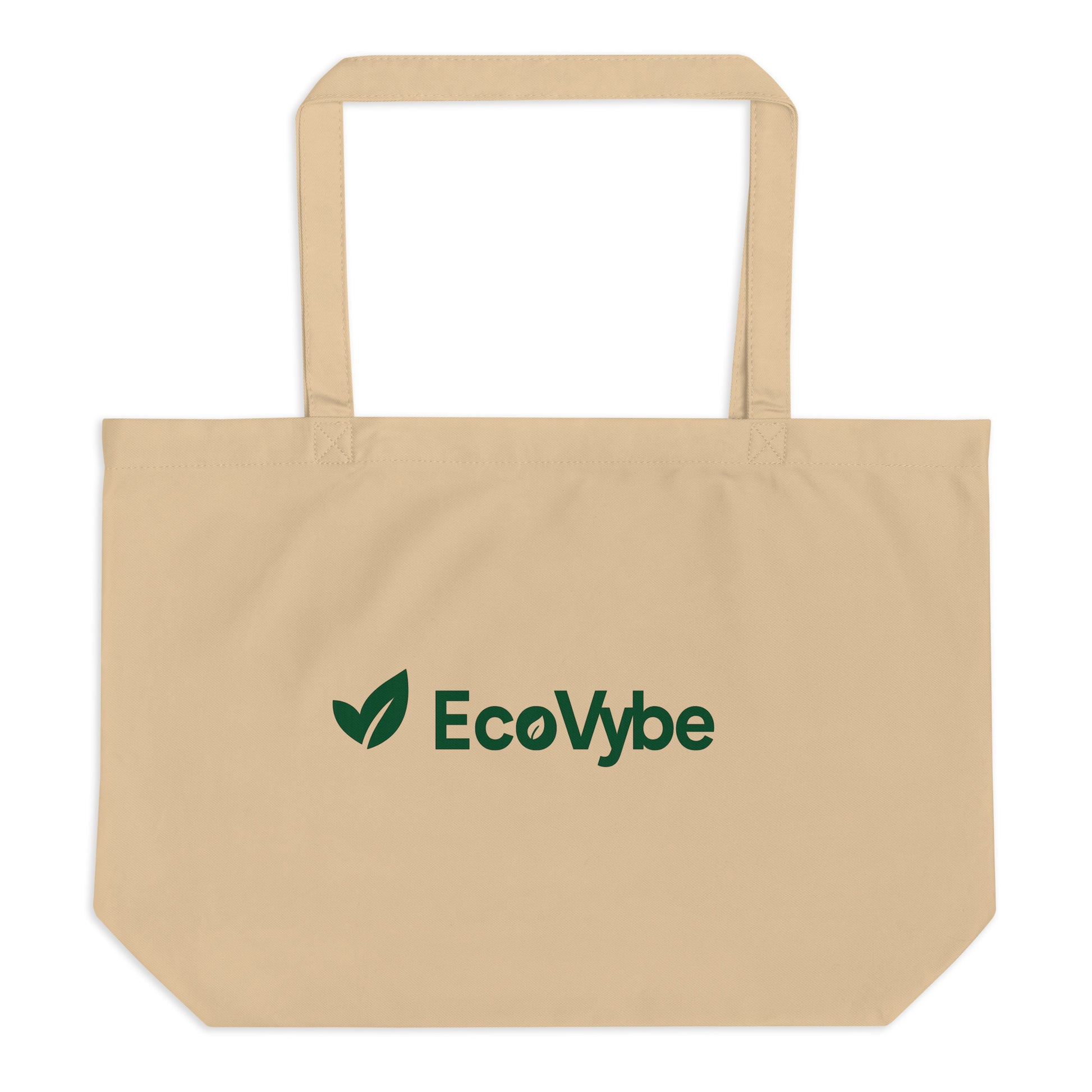 EcoVybe beige organic cotton tote bag front view – sustainable shopper.