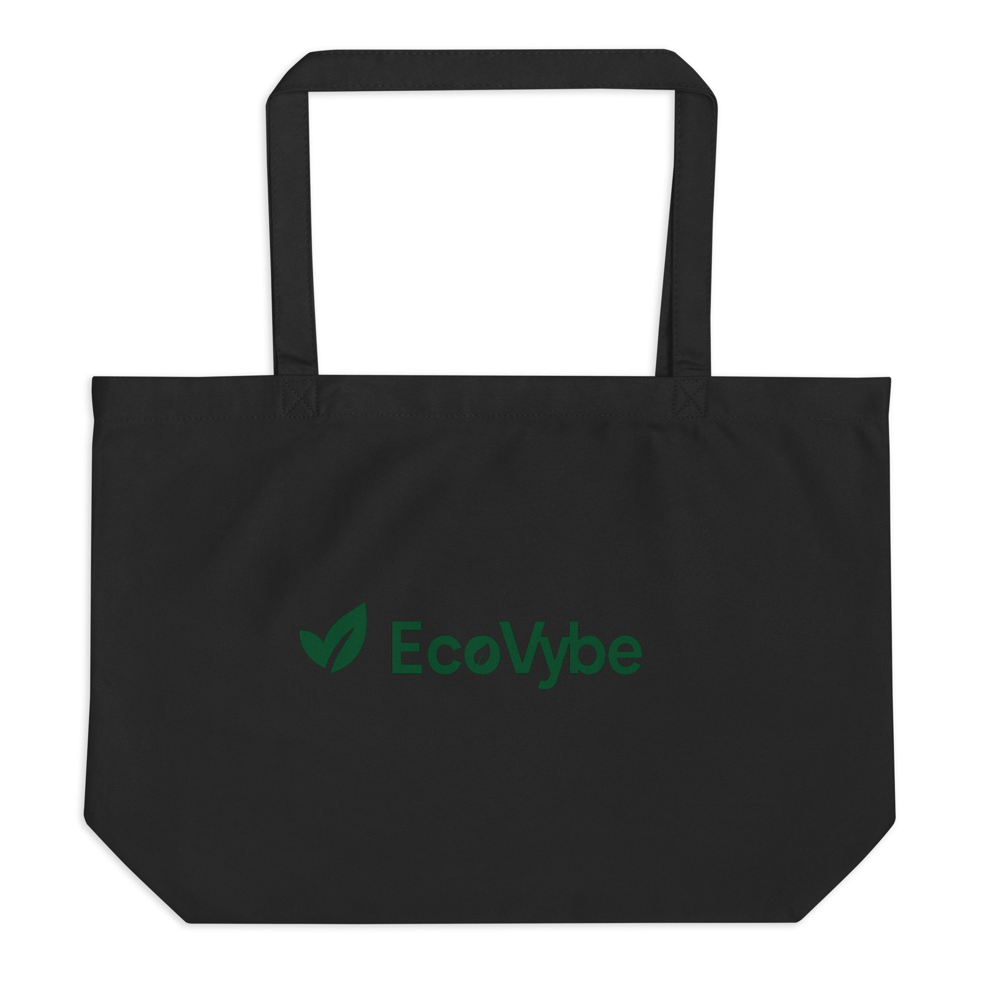 EcoVybe black organic cotton tote bag front view – sustainable shopper.