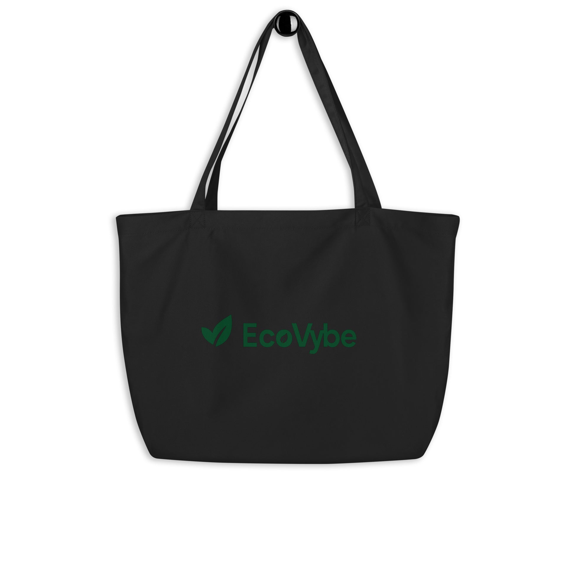 EcoVybe large black organic tote bag side view.