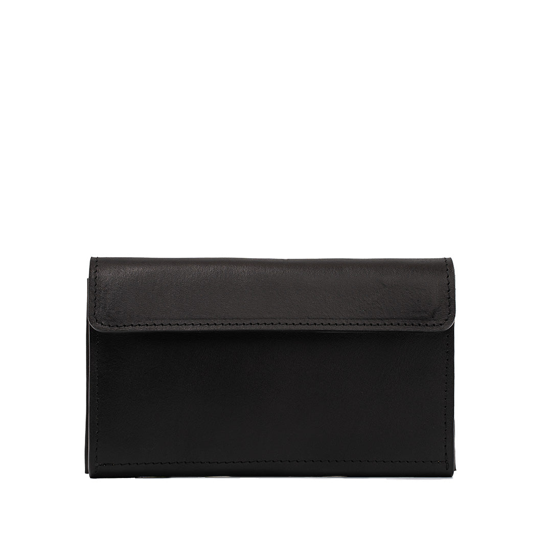 Black leather AirTag wallet, closed front view on white background.