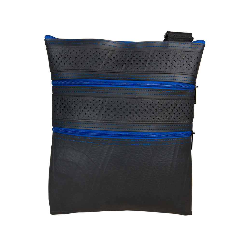Eco-friendly Maggie Special crossbody bag made from recycled rubber, blue zipper design.