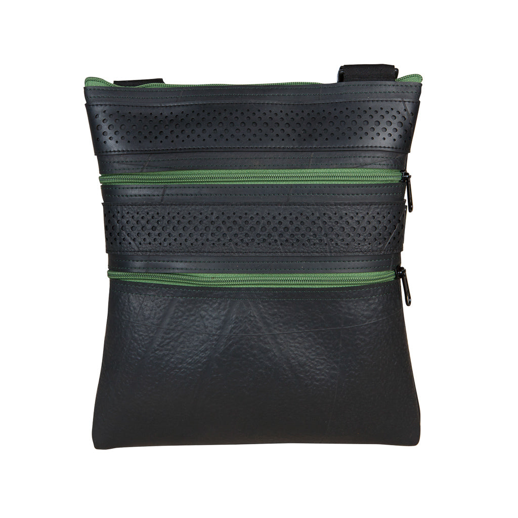 Maggie Special vegan crossbody bag, recycled rubber eco-friendly handbag with green zipper.