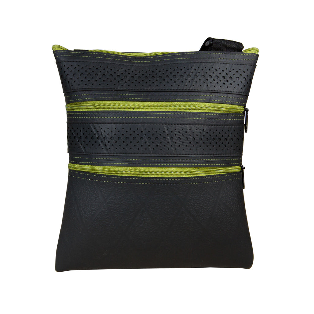 Maggie Special vegan handbag recycled from inner tubes, green zipper, eco-fashion crossbody.