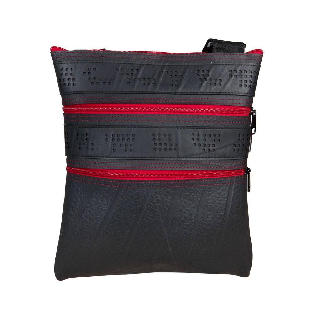Maggie Special recycled rubber vegan handbag, red zipper design, eco-friendly crossbody bag.