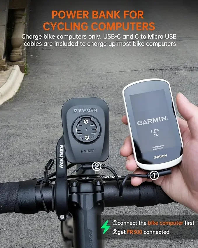 NNEOBA FR300 rechargeable bike light powering Garmin cycling computer, USB-C charging.