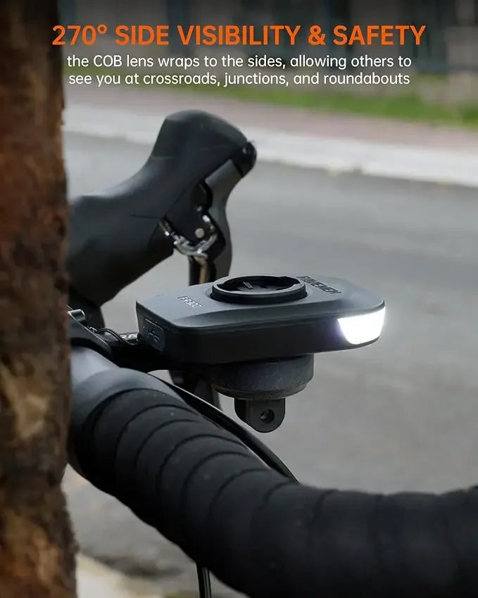 NNEOBA FR300 bike light with 270-degree side visibility, waterproof cycling headlight.