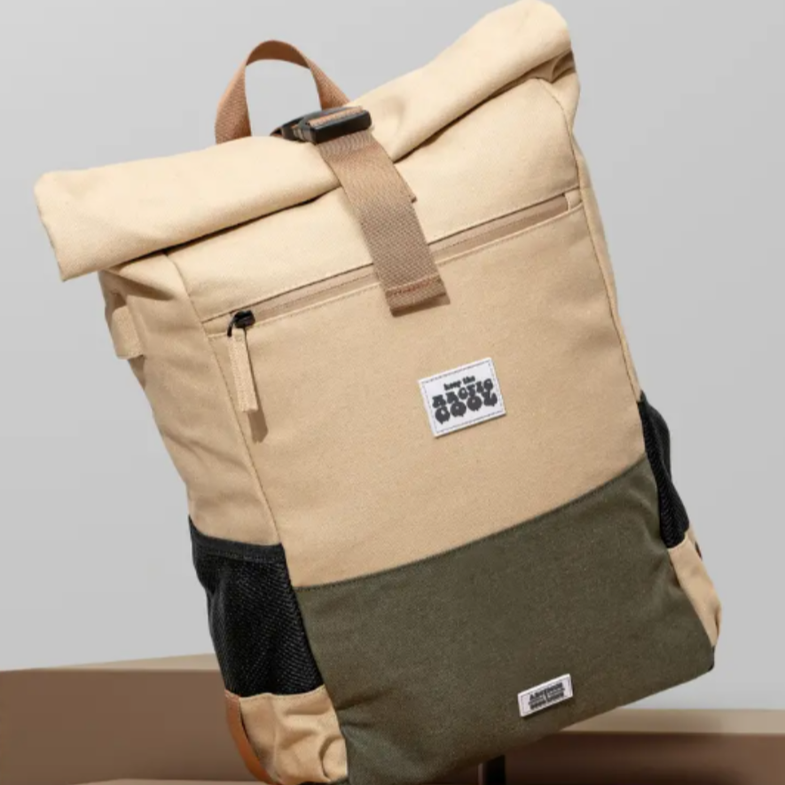 Polar Explorer Backpack in beige hemp fabric, front view, sustainable waterproof eco-friendly backpack.