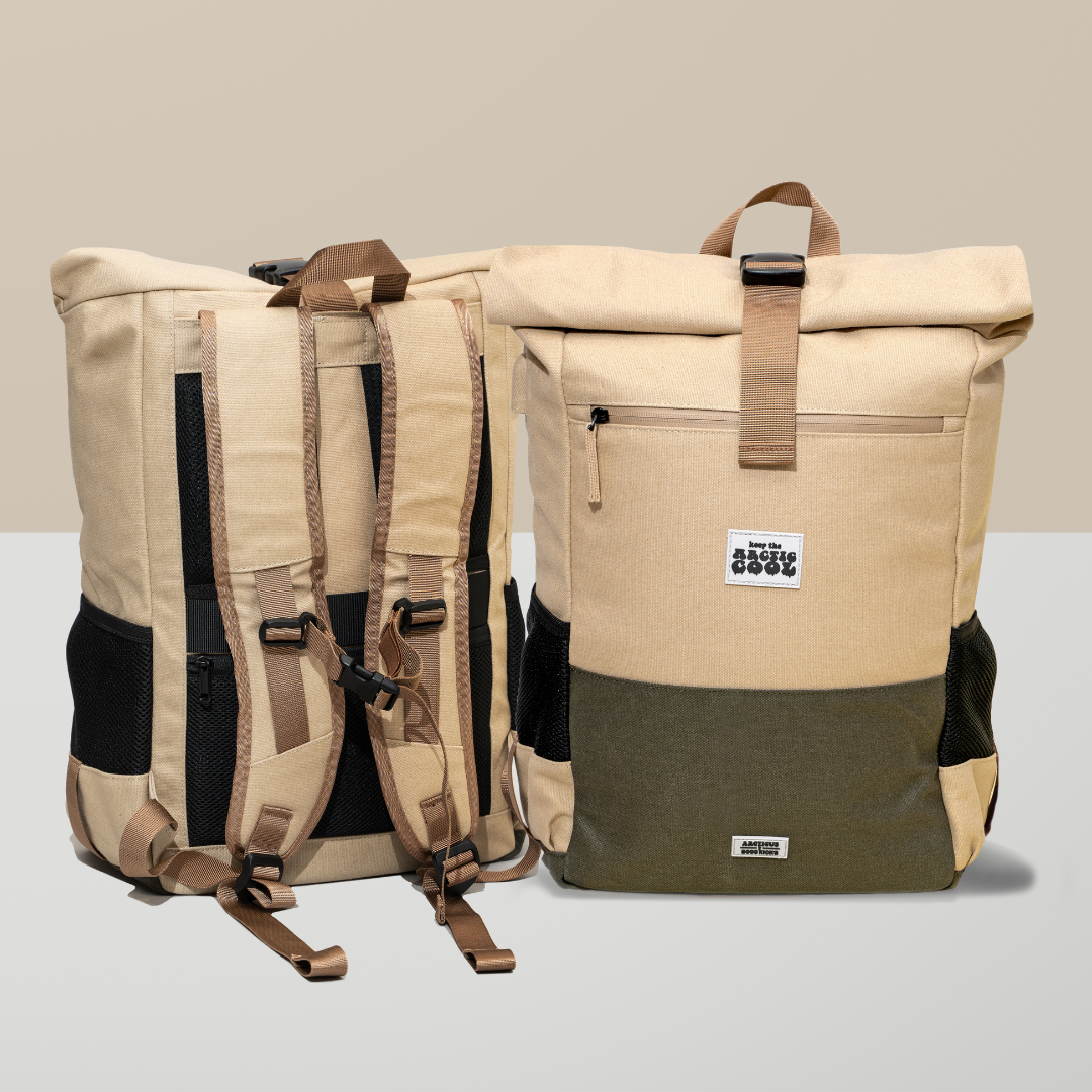 Eco Polar Explorer Backpack Beige/Green showing front and back design – ergonomic straps and roll-top style.