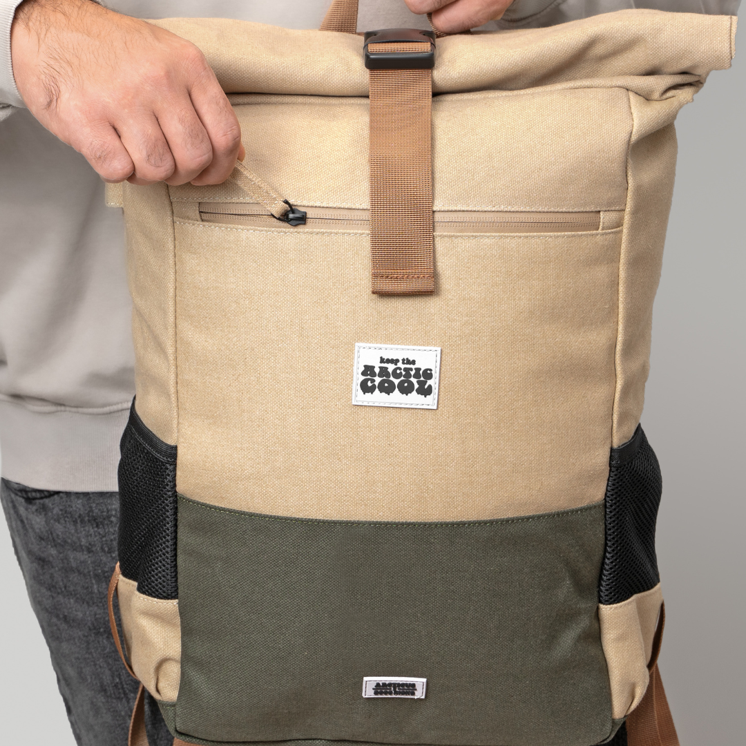 Polar Explorer Backpack beige hemp waterproof eco-friendly backpack, held by person, front display.