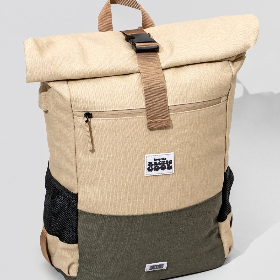 Polar Explorer Backpack beige eco-friendly hemp material, side angle view, sustainable everyday backpack.