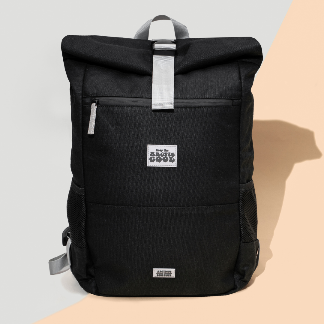 Polar Explorer Backpack in black hemp fabric, front view, sustainable waterproof eco-friendly backpack.