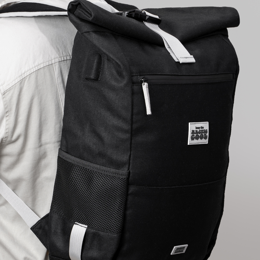 Polar Explorer Backpack black waterproof hemp backpack worn on back, ergonomic eco-friendly design.
