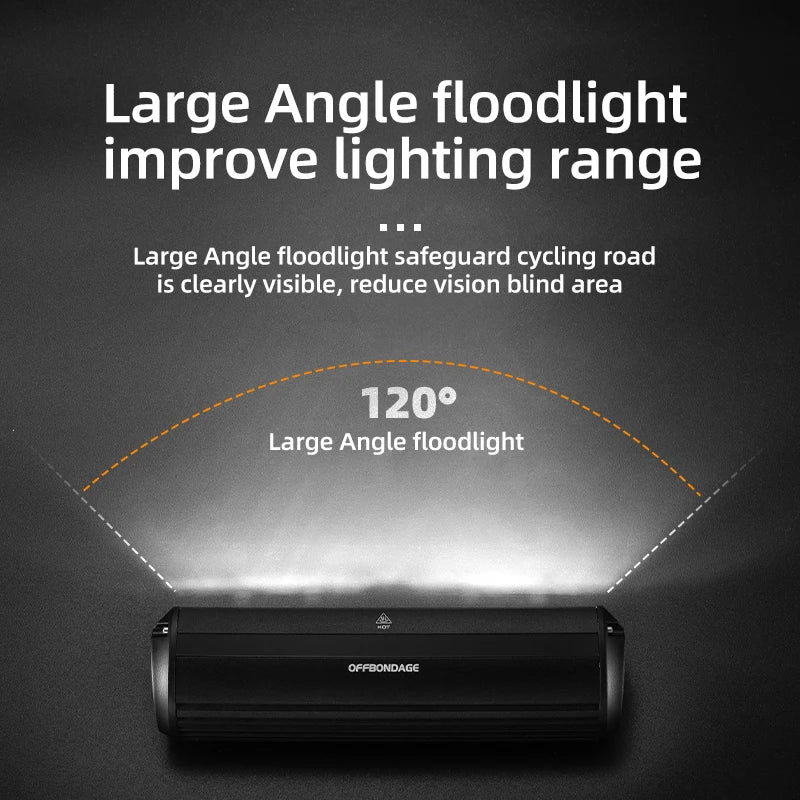 2600 lumen bike light with USB rechargeable battery, side angle view, waterproof LED cycling light.