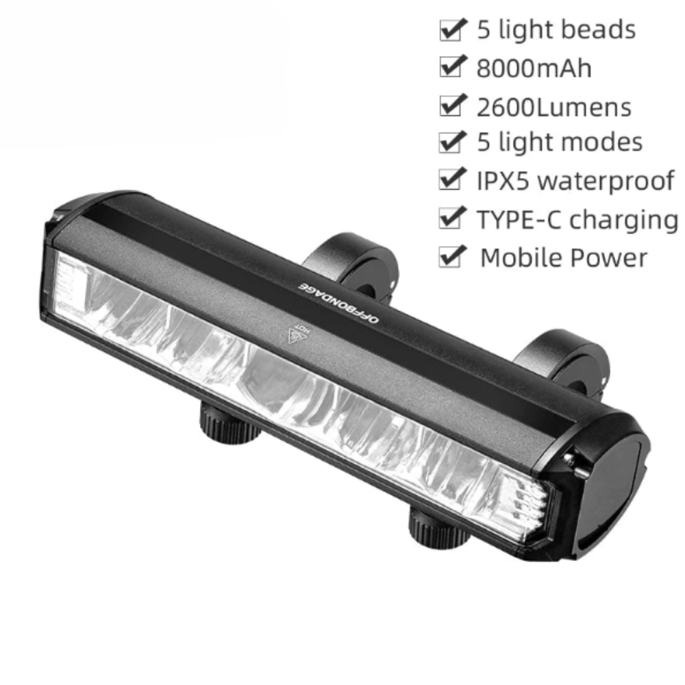 2600 lumen rechargeable bike headlight with 8000mAh USB battery, waterproof design, product specifications.
