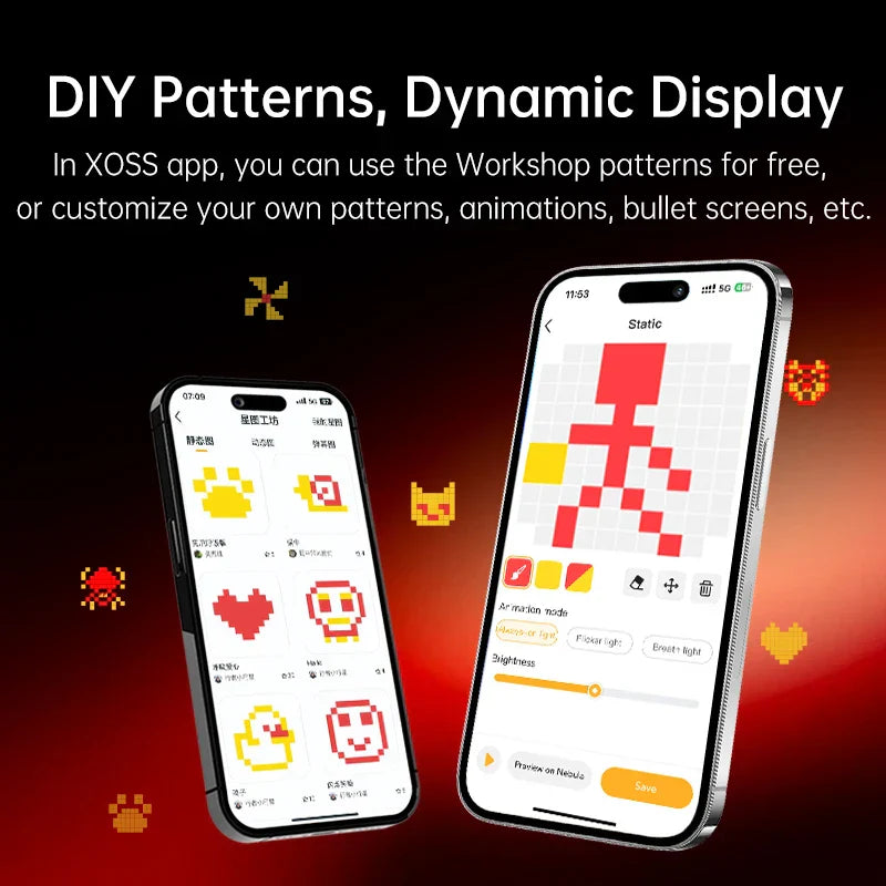 Bike tail light app control showing DIY LED patterns and brightness customization.